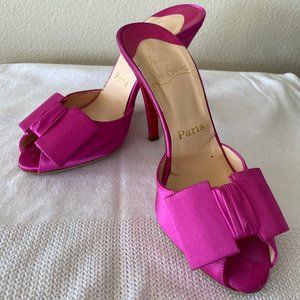 Christian Louboutin magenta satin peeptoe mules